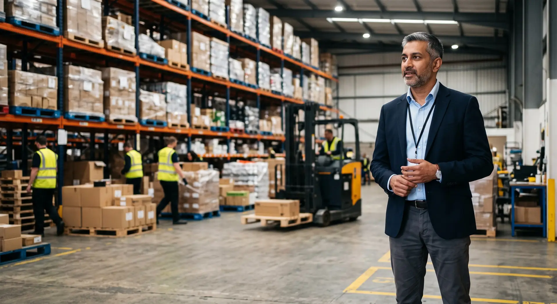 A middle-aged man in corporate casual attire stands in a busy warehouse looking off-camera, with tall storage racks, a forklift, and warehouse workers in the background.